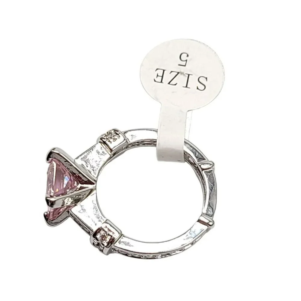 Pink Princess Cut Glass Rhinestone CZ Silver Plated Cocktail Ring Size 5
